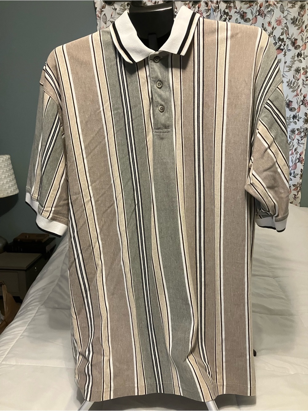 Greg Norman Collection XL Striped Cotton Linen Polo Shirt Neutral Retro Style